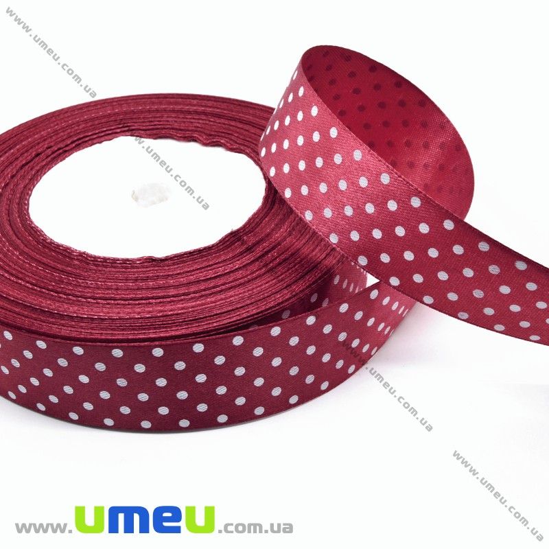 Атласная лента в горошек, 25 мм, Бордовая (LEN-029818)