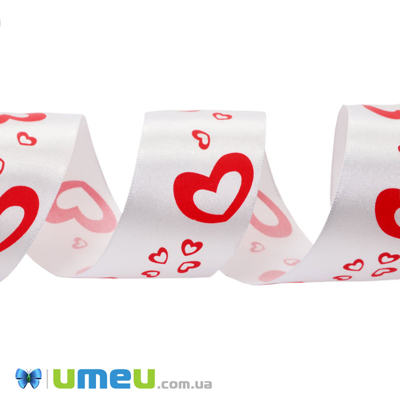 Атласна стрічка Серця, 40 мм, Біла (LEN-048591)