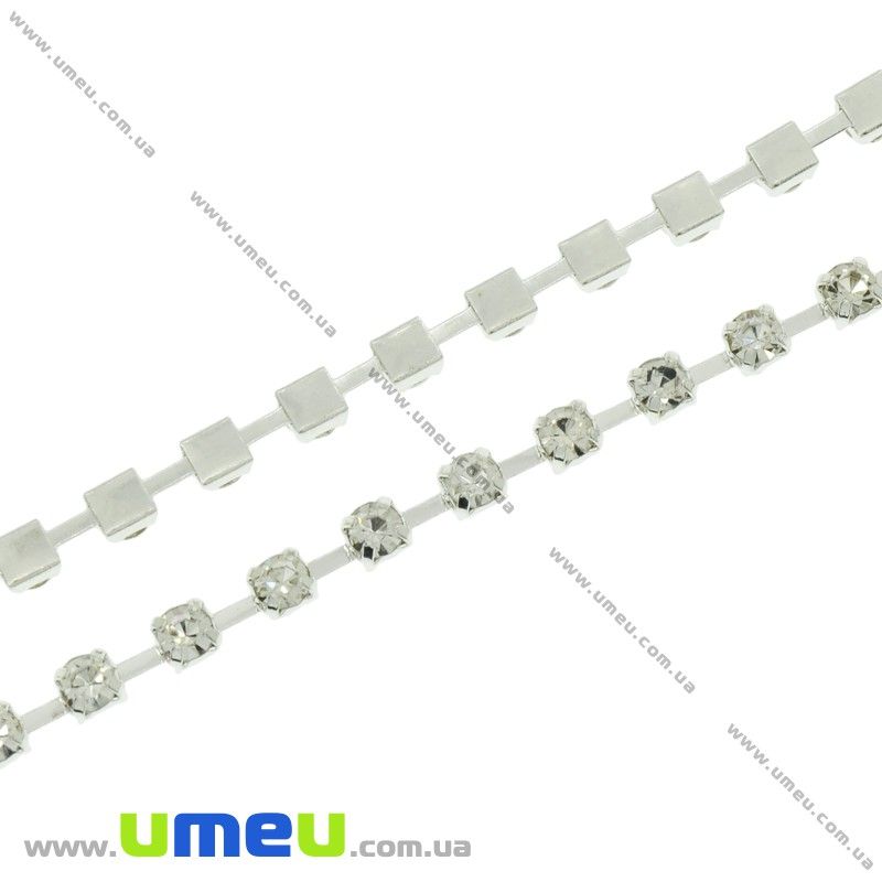 Стразовая цепь SS12 (2,8 мм), Светлое серебро, Стразы стеклянные белые (ZEP-007769)