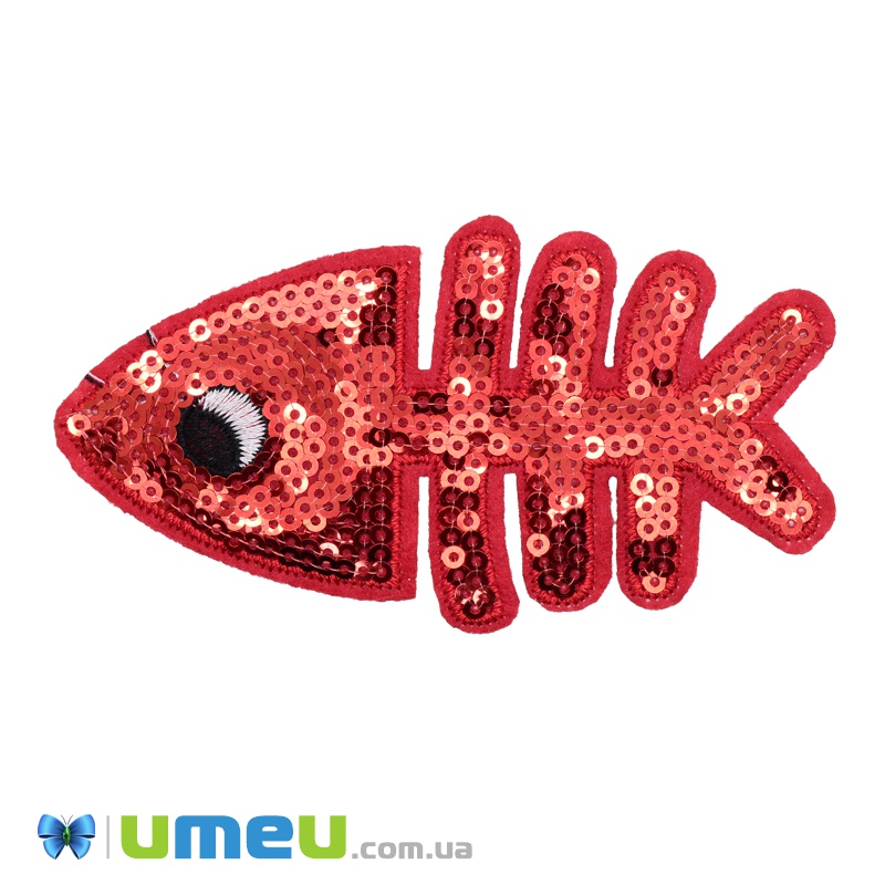 Термоаппликация с пайетками Скелет рыбы, 10х5 см, Красная (APL-038290)