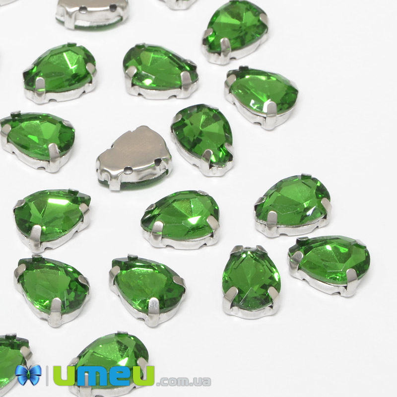 Шатон крапля 10х7 мм, Темне срібло, Зелений (KAB-040749)
