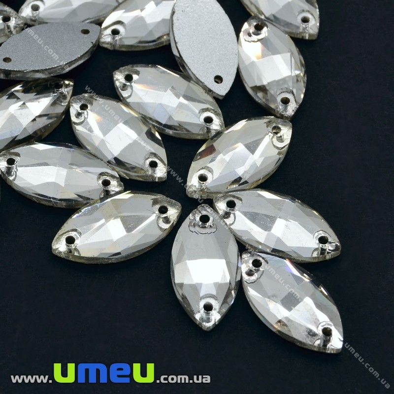 Пришивний кристал скляний Човник гранований, 22х13 мм, Білий (KAB-012579)