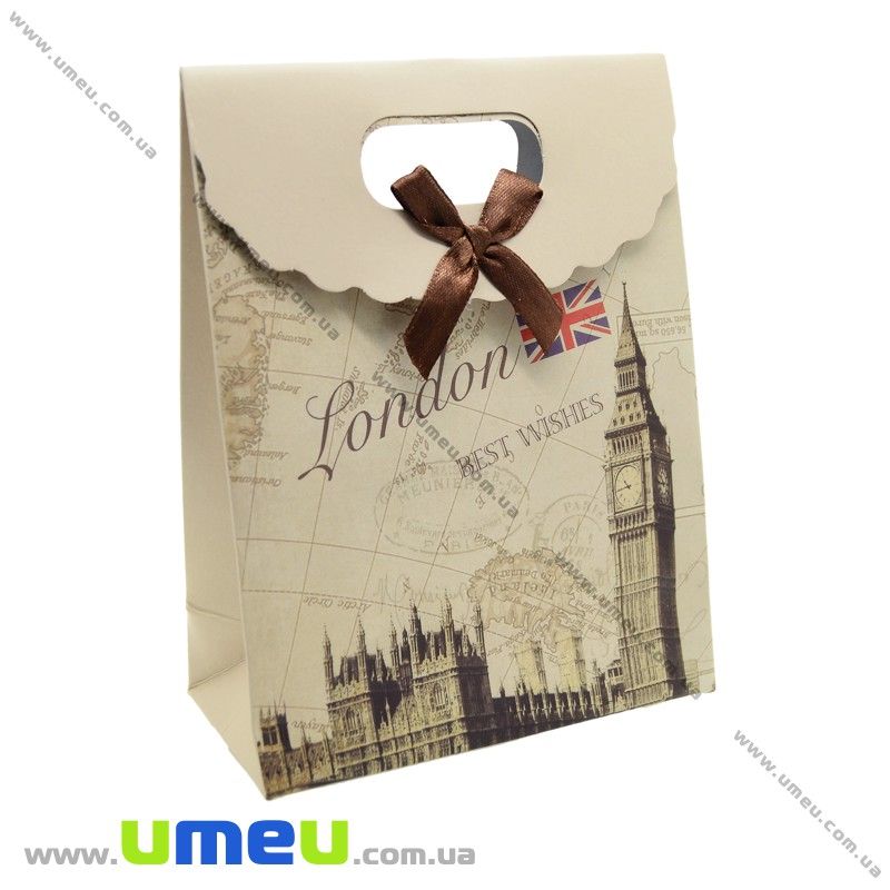 Подарочный пакет на липучке, Лондон, Бежевый, 16х12х6 см (UPK-020409)