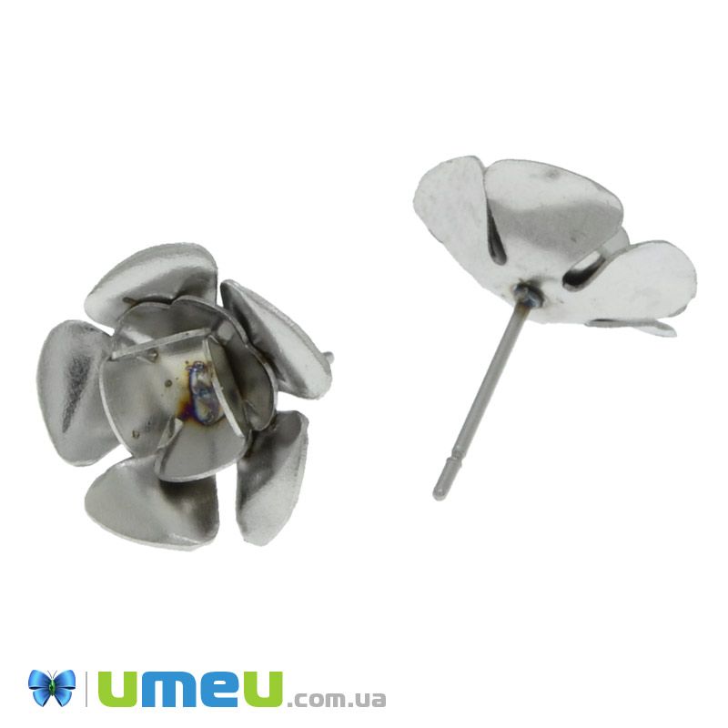 Пусеты из нерж. стали Розочки, 13х15 мм, Темное серебро (STL-039715)