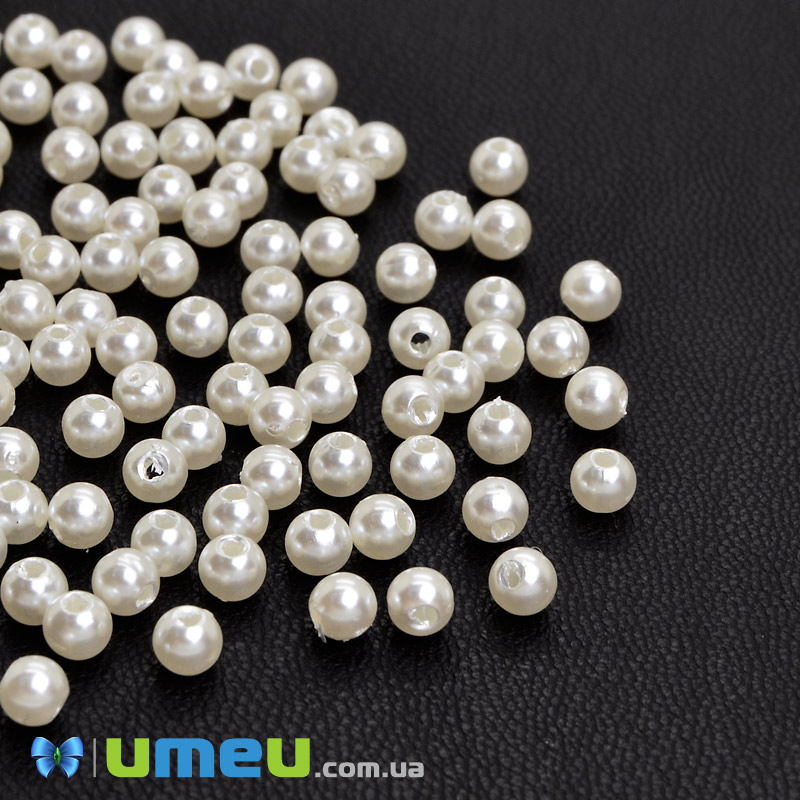 Бусина пластиковая Круглая Жемчуг, 4 мм, Кремовая (BUS-049279)