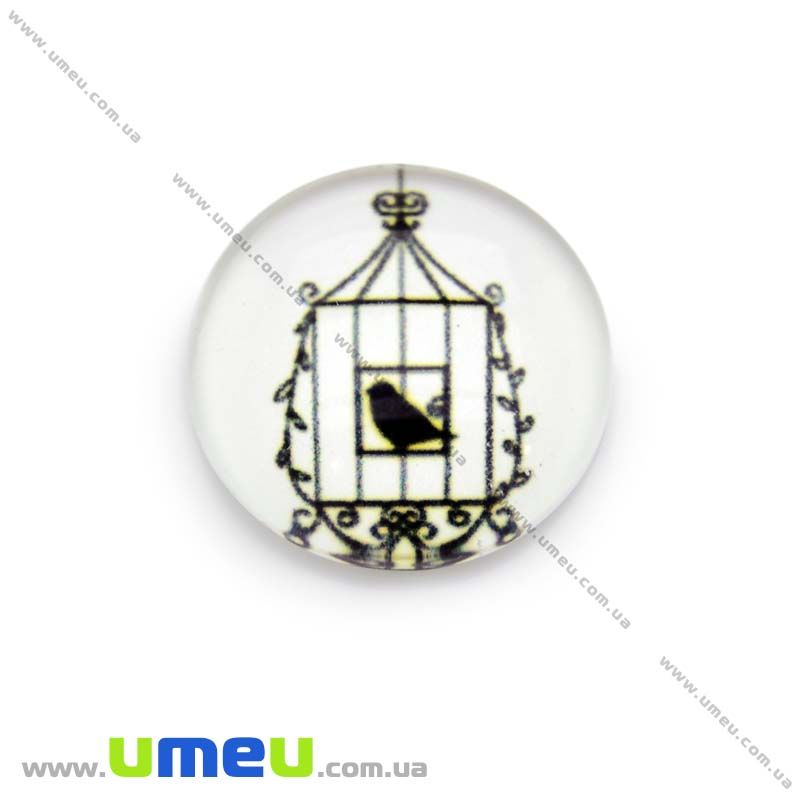 Кабошон скляний з принтом Пташка, 18 мм, Круглий (KAB-013669)