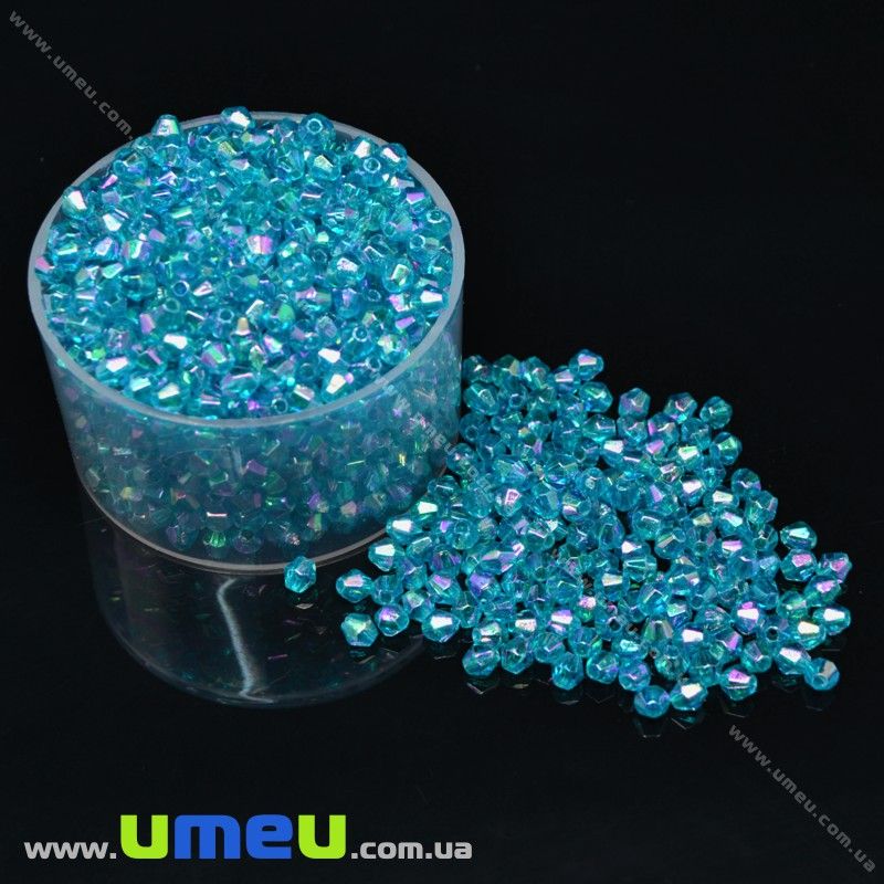 Бусины акриловые Биконусы, 4х4 мм, Синие АВ (BUS-018060)