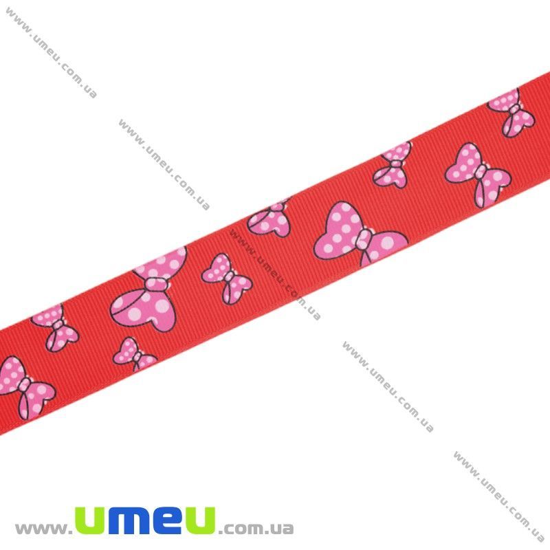 Репсовая лента с рисунком Бантики, 25 мм, Красная (LEN-016571)