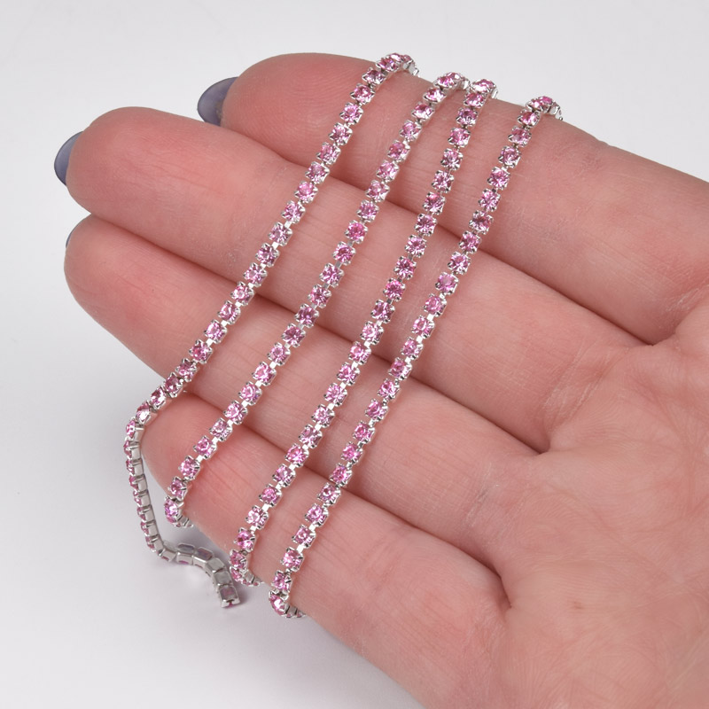 Стразовий ланцюг SS6 (2,0 мм), Світле срібло, Стрази скляні рожеві (ZEP-061016)