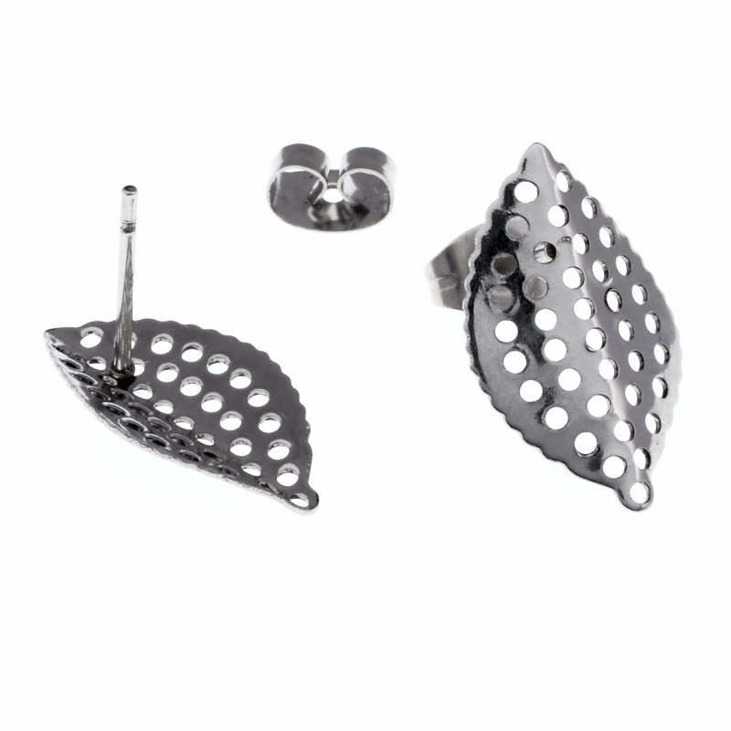 Пусети з нерж. сталі з заглушками, Листочки, 18х11 мм, Темне срібло (STL-055774)