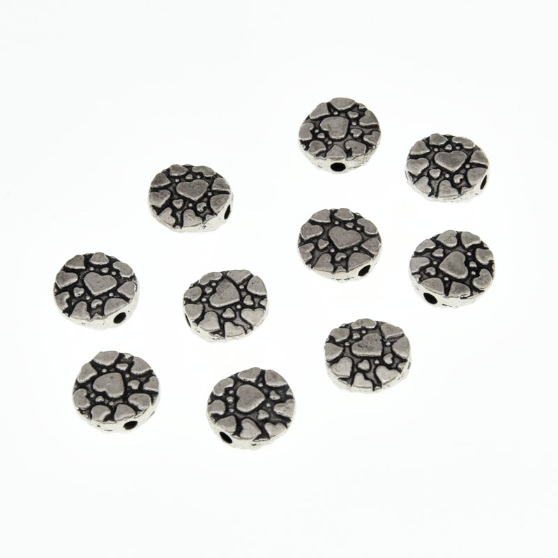 Бусины мет. Круглые плоские с сердечками, 9х3 мм, Античное серебро (BUS-039080)