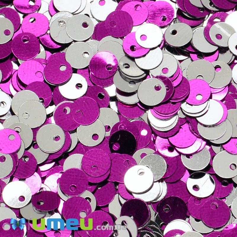 Пайетки Индия круглые плоские (смещённое отверстие), 5 мм, Серебристо-малиновые (PAI-037439)