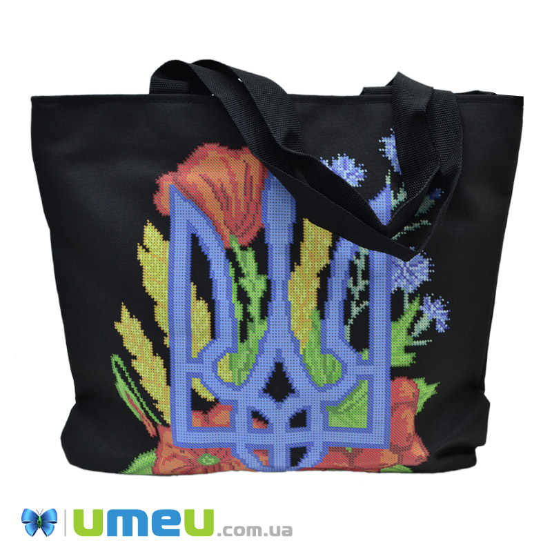 Сумка с принтом под вышивку, Трезуб с цветами, Черная (SXM-044492)