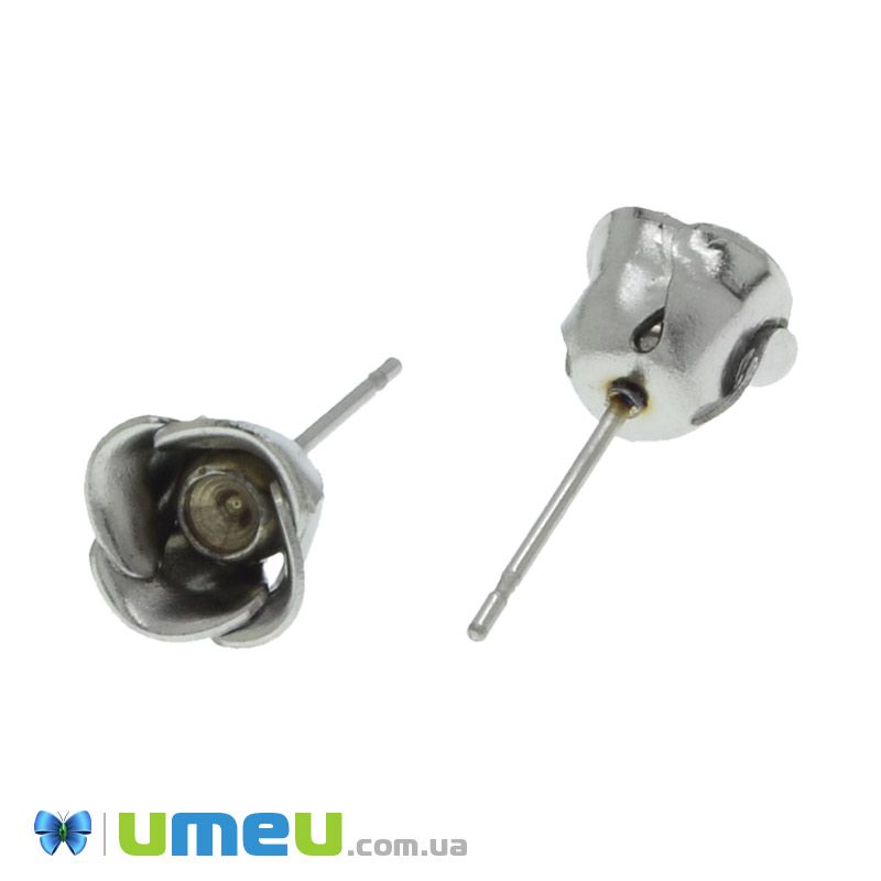 Пусеты из нерж. стали Розочки, 8х16 мм, Темное серебро (STL-039714)