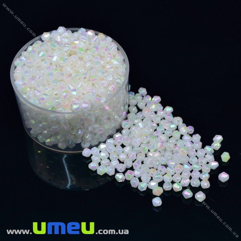 Намистини акрилові Біконуси, 4х4 мм, Білі АВ (BUS-018066)