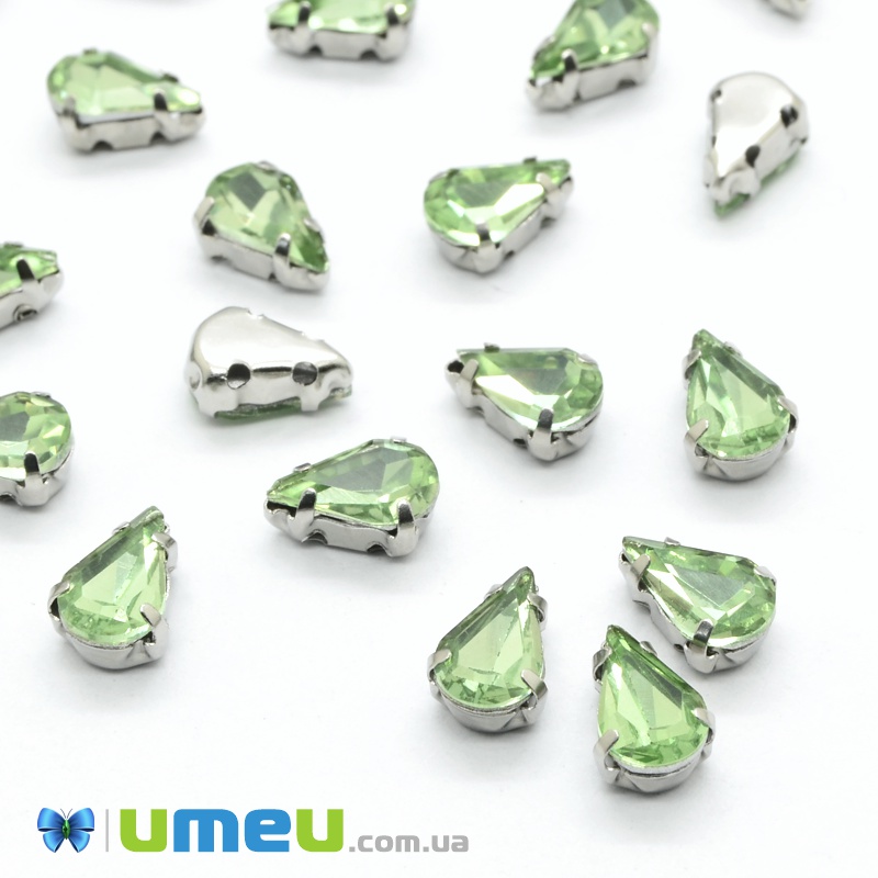 Шатон крапля 13х8 мм, Темне срібло, Салатовий (KAB-040669)