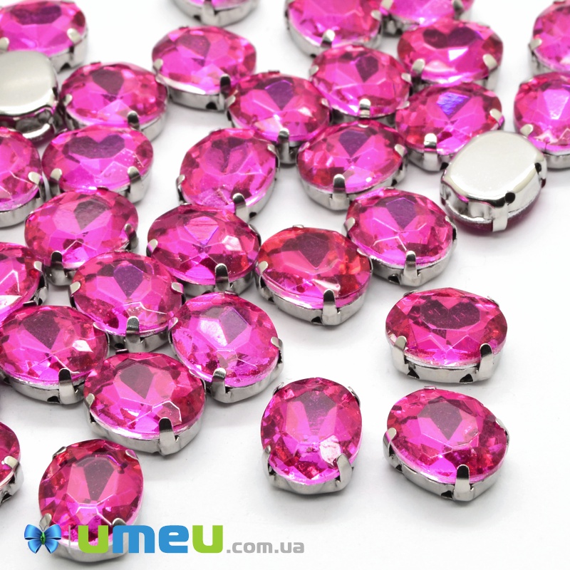 Шатон овальний 10х8 мм, Темне срібло, Малиновий (KAB-037980)