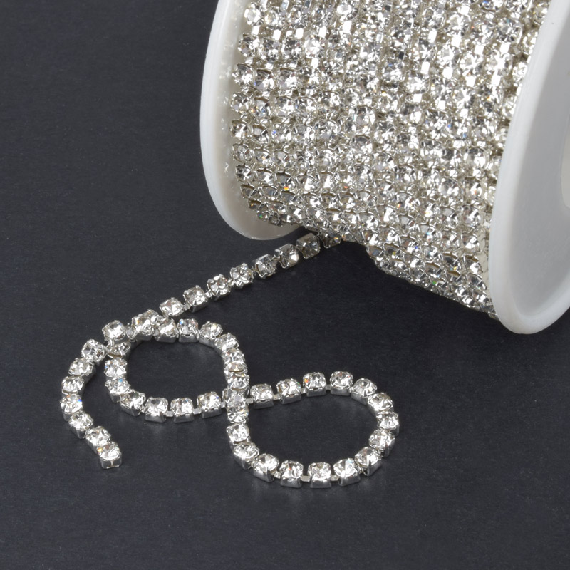 Стразовая цепь SS12 (2,8 мм), Светлое серебро, Стразы стеклянные белые (ZEP-040035)