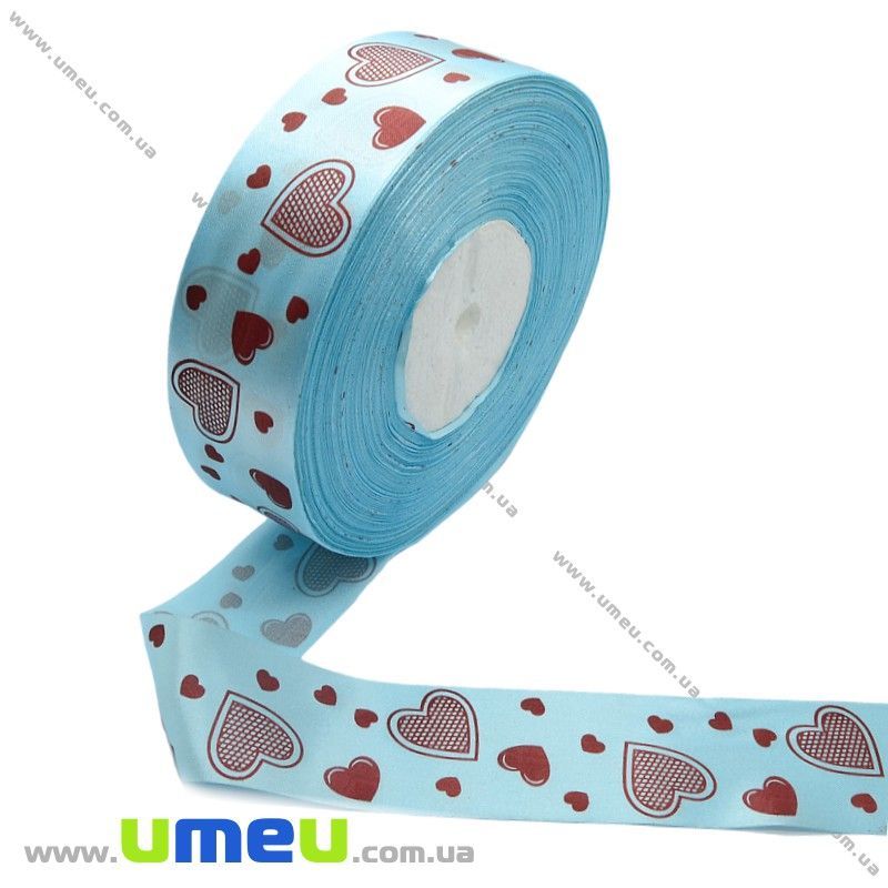 Атласна стрічка Серця, 40 мм, Блакитна (LEN-011092)