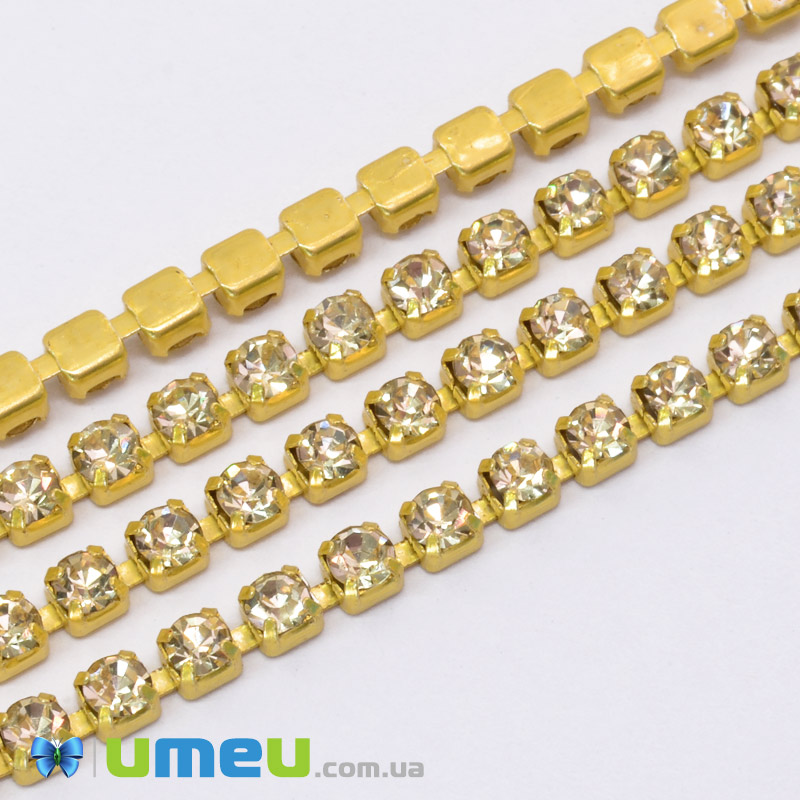 Стразовая цепь SS12 (2,8 мм), Золото, Стразы стеклянные золотистые (ZEP-049286)