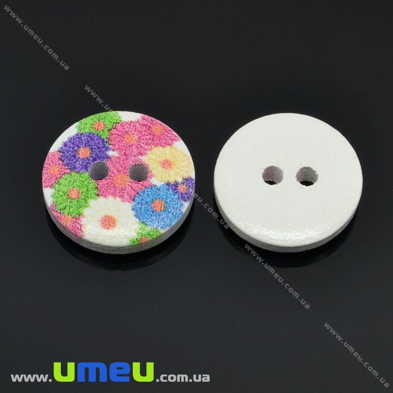 Гудзик дерев'яний Круглий з принтом, 15 мм, Білий (PUG-013047)