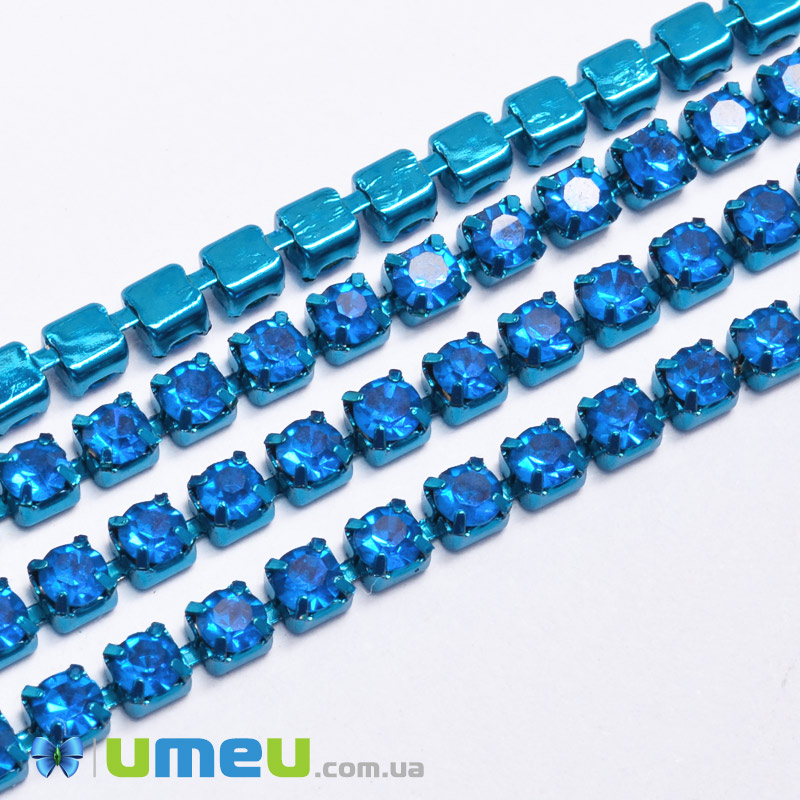 Стразовая цепь SS12 (2,8 мм), Бирюзовая, Стразы стеклянные бирюзовые (ZEP-049288)