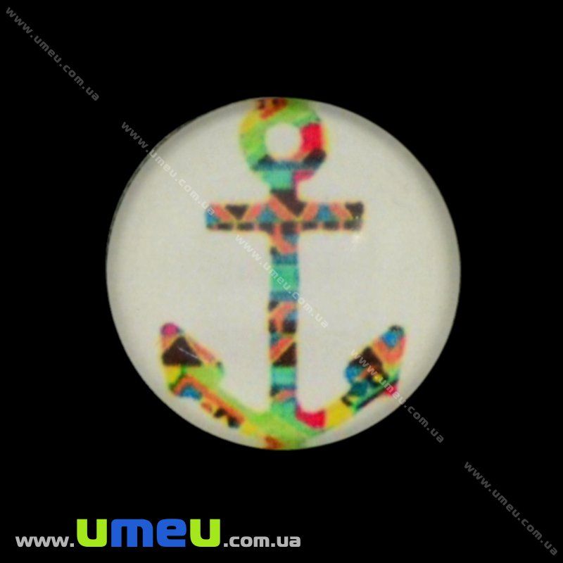 Кабошон скляний з принтом Морський якір, 16 мм, Круглий (KAB-017684)