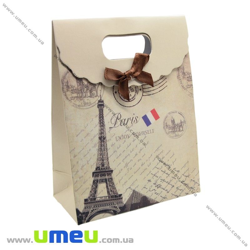 Подарочный пакет на липучке, Париж, Бежевый, 16х12х6 см (UPK-020411)