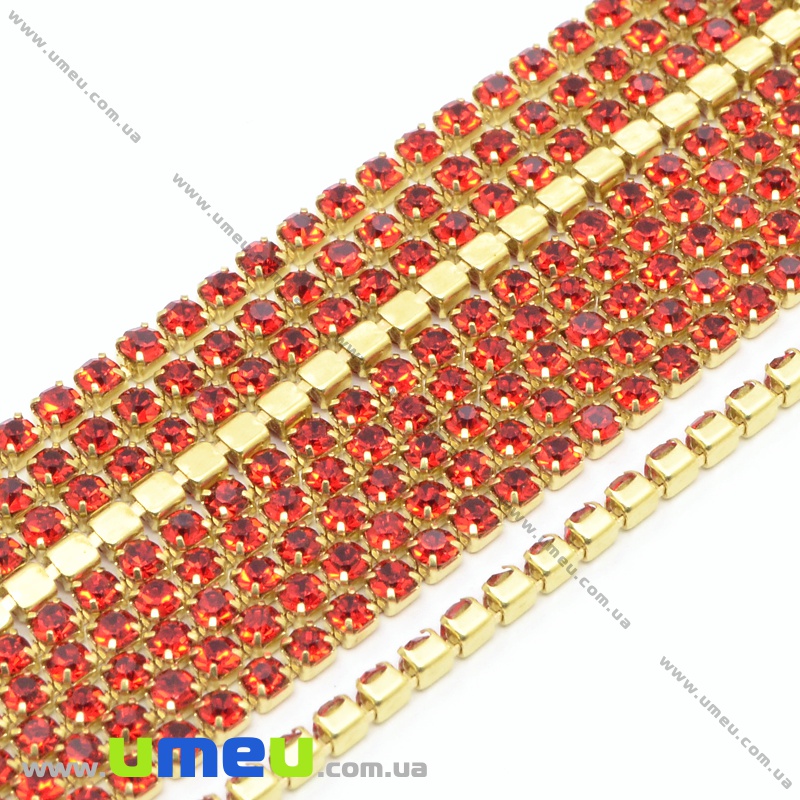 Стразовая цепь SS6 - 2,0 мм, Золото, Стразы стеклянные красные (ZEP-036395)