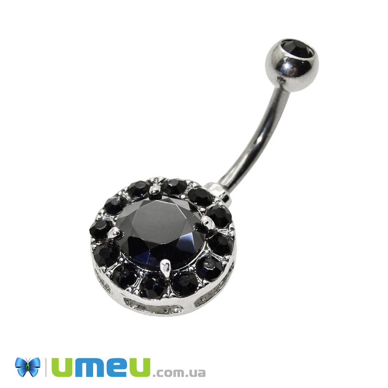 Сережка для пірсингу пупка з нерж. сталі, Темне срібло, 29х13 мм, Чорна (OSN-048049)