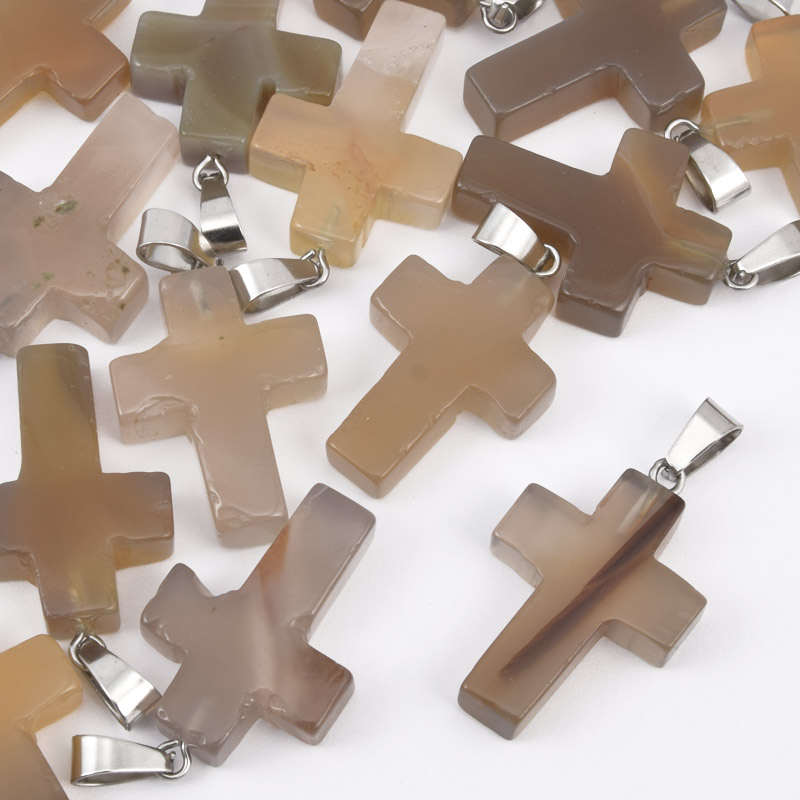 Подвеска Крест, Натур. камень Агат коричневый, 30х20х6 мм (POD-057960)