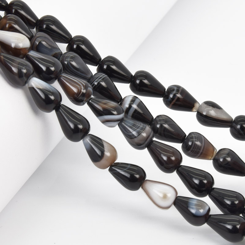Намистини Агат чорний, Натур. камінь, 12х8 мм, Крапля, 19 см (BUS-057980)