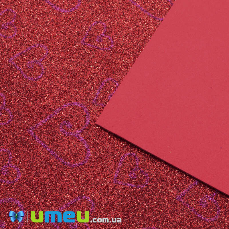 Фоамиран глиттерный с рисунком Сердца, 20х30 см, Красный (FOM-042958)