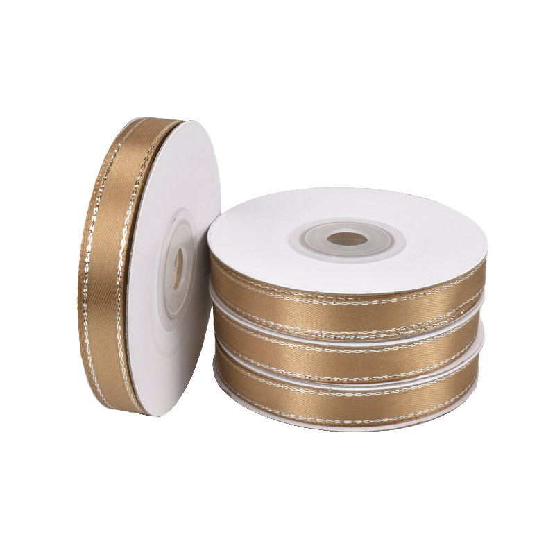 Атласная лента с люрексом, 10 мм, Коричневая с серебром (LEN-061075)