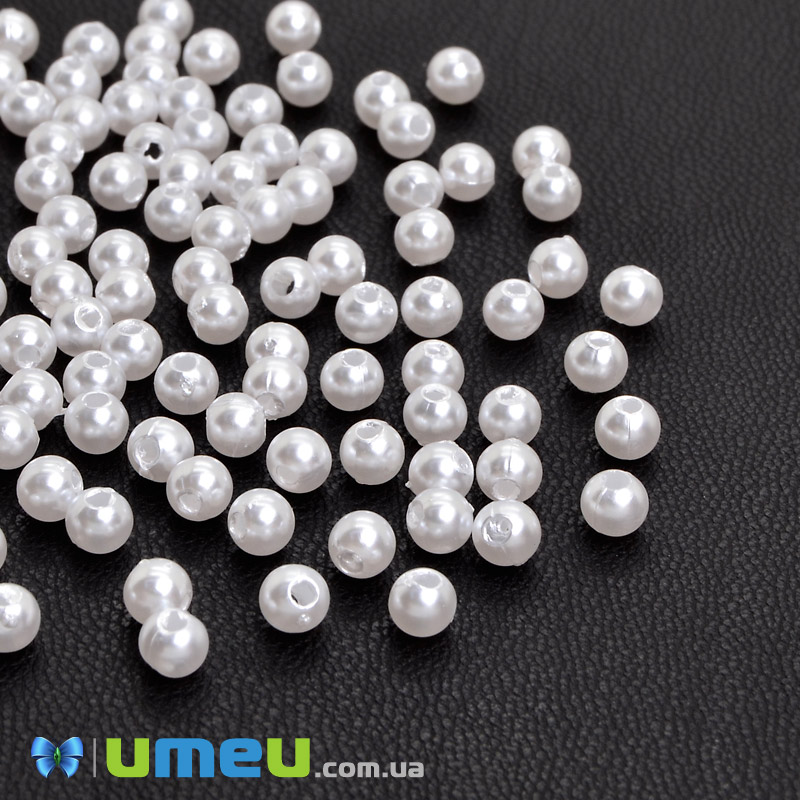 Бусина пластикова Кругла Перли, 4 мм, Біла (BUS-049280)
