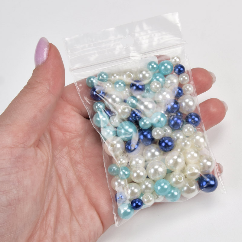Бусины пластиковые Круглые, Жемчуг, 6-10 мм, Микс бело-синий (BUS-059767)