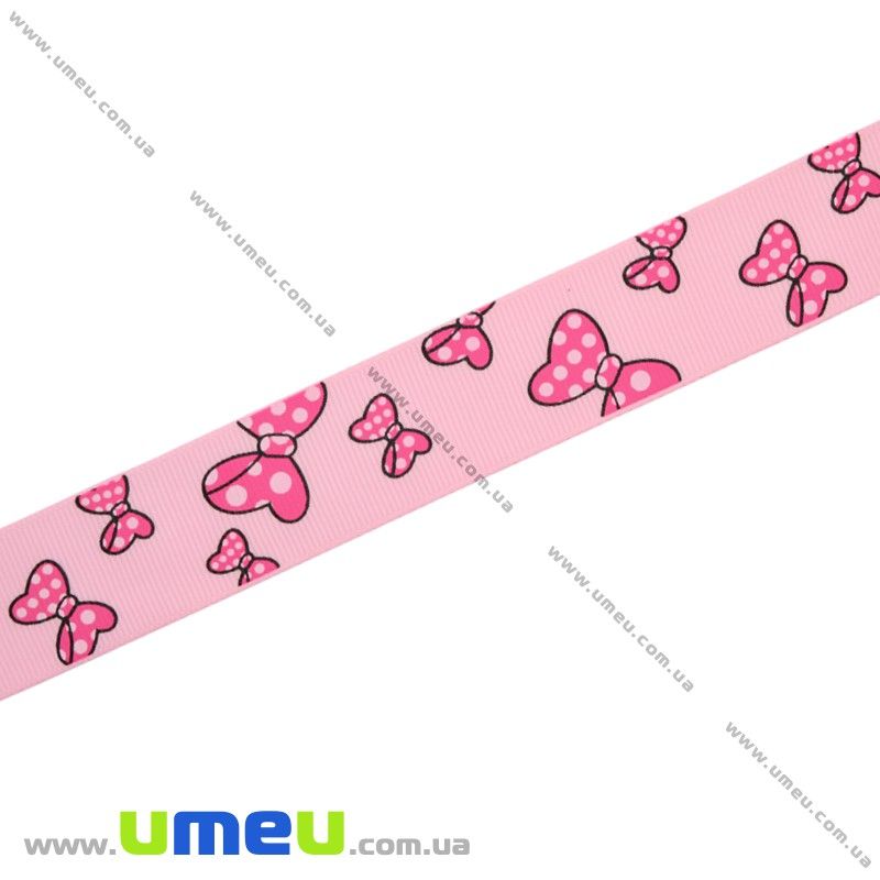 Репсова стрічка з малюнком Бантики, 25 мм, Рожева (LEN-016574)