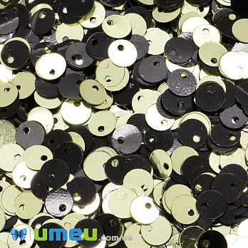 Паєтки Індія круглі плоскі (зміщений отвір), 5 мм, Золотисто-чорні (PAI-037434)