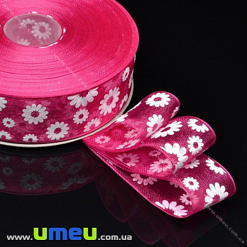Стрічка з органзи Ромашки, 25 мм, Малинова (LEN-019689)