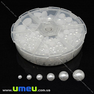 Набір напівнамистин у контейнері, Білі, Круглі (KAB-022077)