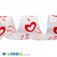 Атласная лента Сердца, 40 мм, Белая (LEN-048591)