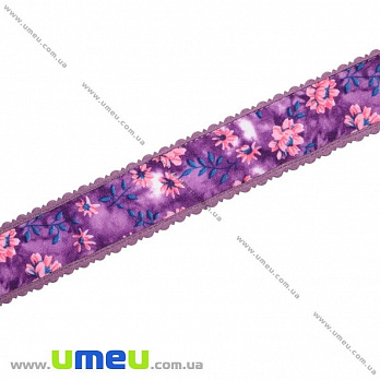 Тесьма гобеленовая с рюшами Цветы, 25 мм, Фиолетовая (LEN-019663)