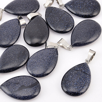 Подвеска Капля плоская, Синт. камень Авантюрин Золотой песок синий, 27х16 мм (POD-037502)