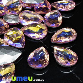 Риволи стеклянный, Капля граненая, Радужный, 25х18 мм, Розовый светлый АВ (KAB-033982)