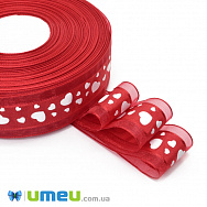 Лента из органзы Сердца, 25 мм, Красная (LEN-048570)