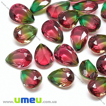 Риволи стеклянный, Капля граненая двухцветная, 14х10 мм, Изумрудно-бордовый (KAB-031395)