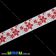 Атласна стрічка Квіти, 25 мм, Біла (LEN-019662)