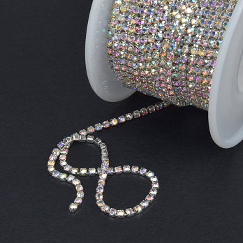 Стразовая цепь SS6 - 2,0 мм, Светлое серебро, Стразы стеклянные белые АВ (ZEP-036408)