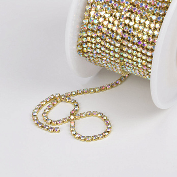 Стразовая цепь SS6 - 2,0 мм, Золото, Стразы стеклянные белые АВ (ZEP-036407)