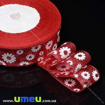 Стрічка з органзи Ромашки, 25 мм, Червона (LEN-019685)